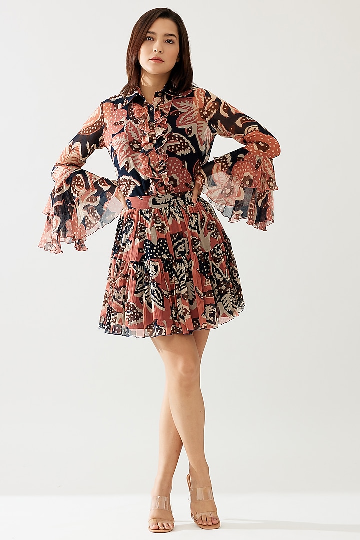Pink & Dark Blue Chiffon Floral Mini Skirt by Koai at Pernia's Pop Up Shop