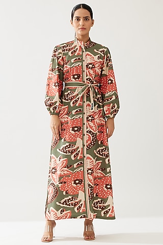 Multi-Colored Poplin Cotton Floral Maxi Dress With Belt by Koai