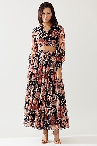 Dark Blue & Pink Chiffon Floral Wrap Top by Koai