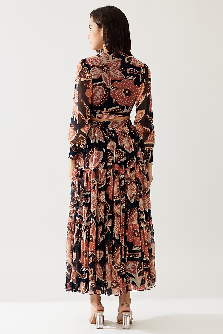 Dark Blue & Pink Chiffon Floral Wrap Top by Koai at Pernia's Pop Up Shop