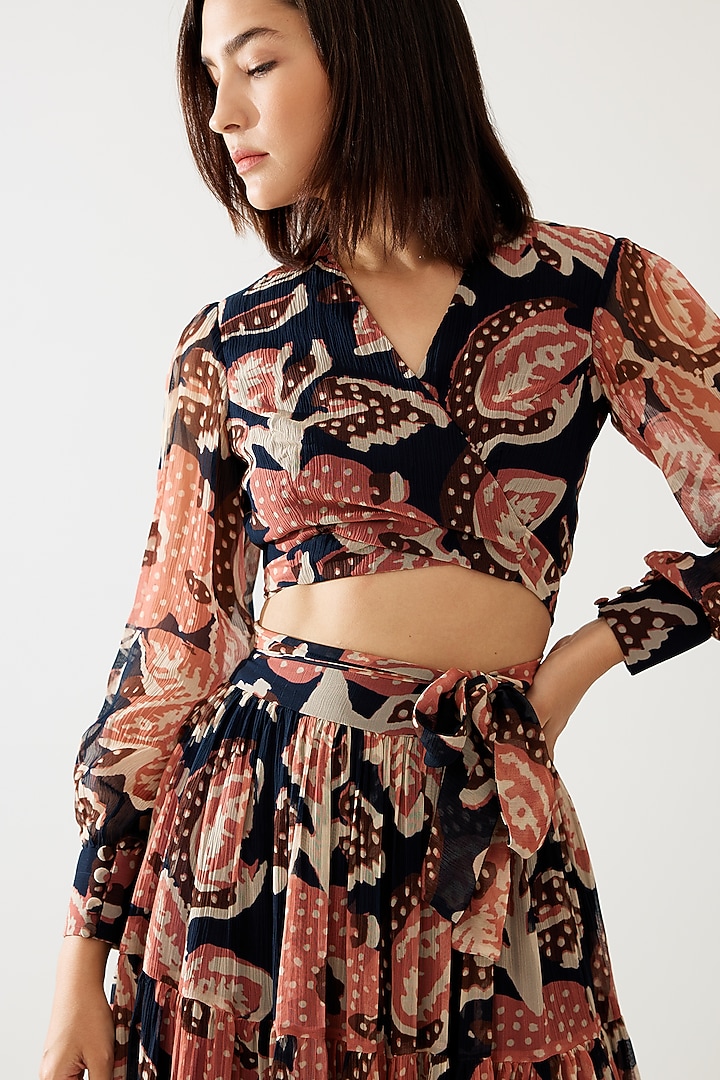 Dark Blue & Pink Chiffon Floral Wrap Top by Koai at Pernia's Pop Up Shop