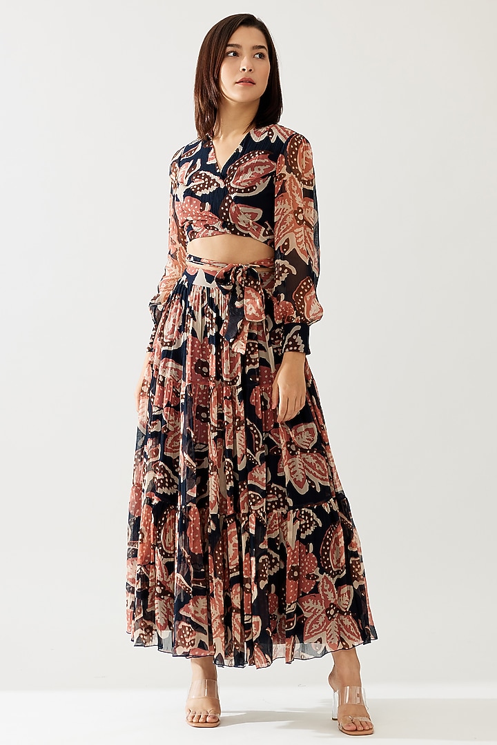 Dark Blue & Pink Chiffon Floral Wrap Top by Koai at Pernia's Pop Up Shop