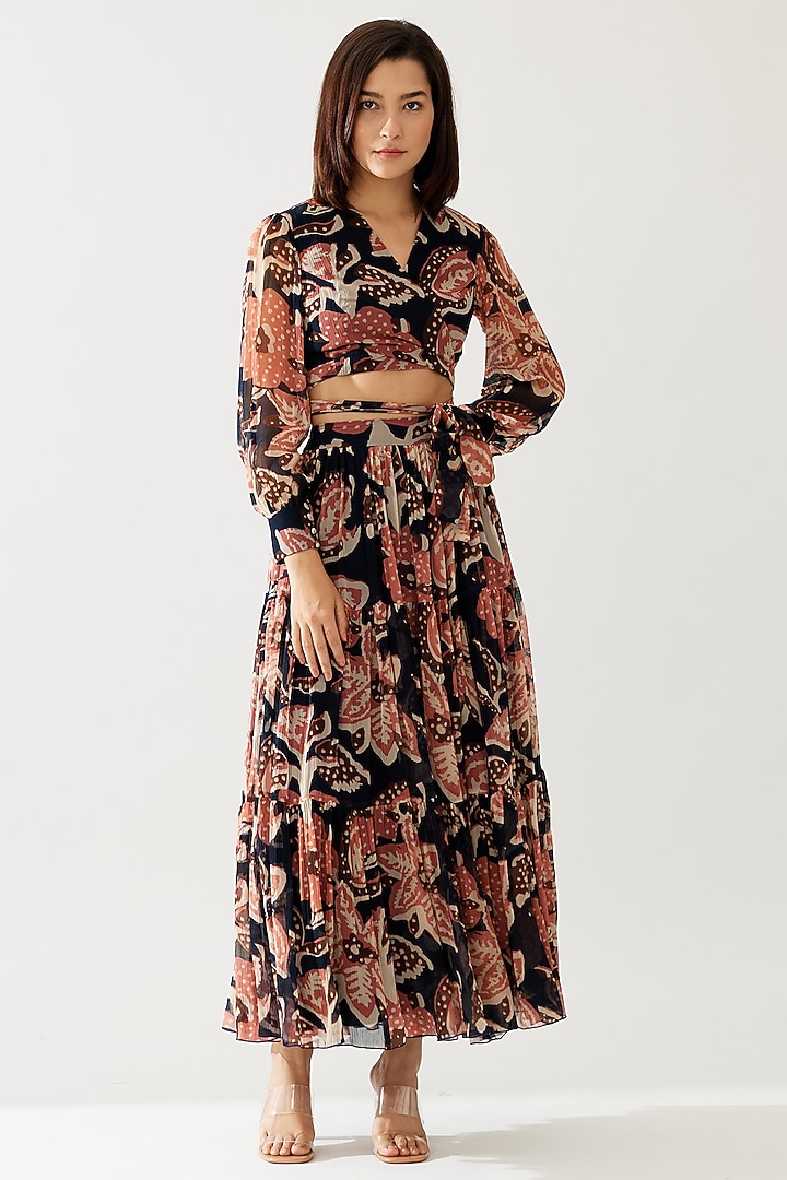 Dark Blue & Pink Chiffon Floral Wrap Top by Koai at Pernia's Pop Up Shop