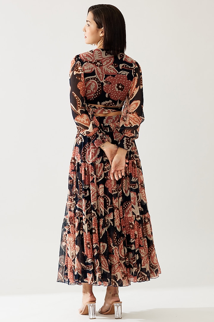 Dark Blue & Pink Chiffon Floral Layered Skirt by Koai at Pernia's Pop Up Shop