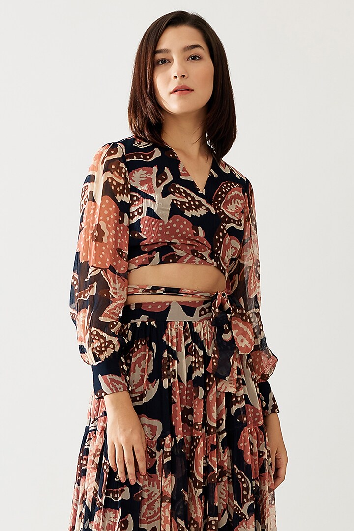 Dark Blue & Pink Chiffon Floral Layered Skirt by Koai at Pernia's Pop Up Shop