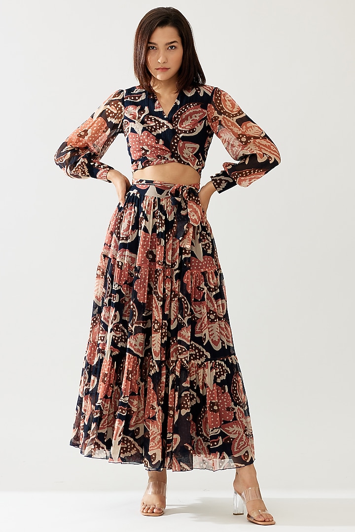 Dark Blue & Pink Chiffon Floral Layered Skirt by Koai at Pernia's Pop Up Shop