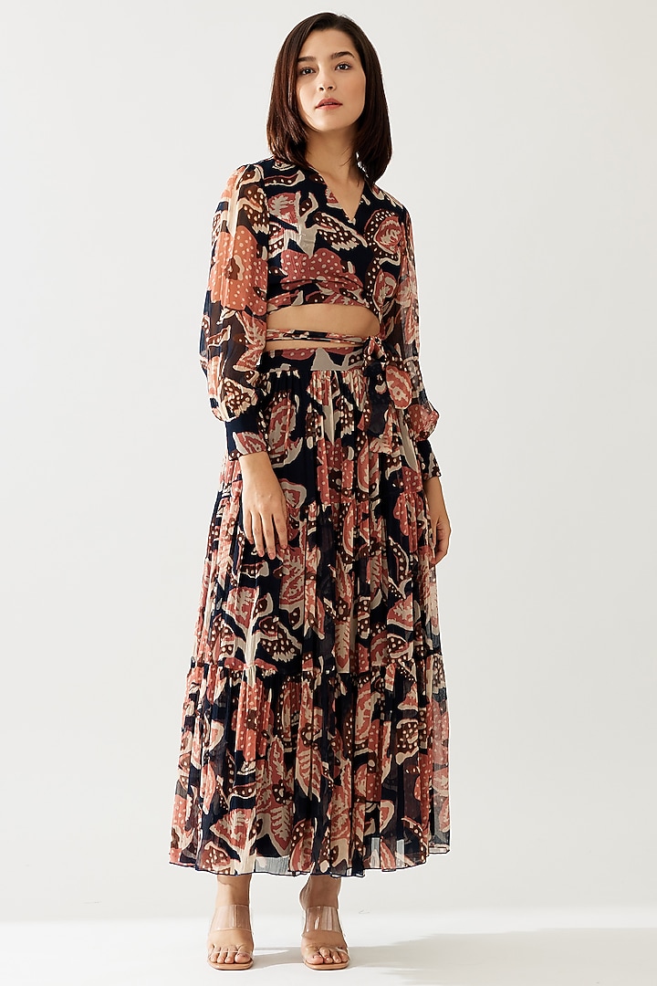 Dark Blue & Pink Chiffon Floral Layered Skirt by Koai at Pernia's Pop Up Shop
