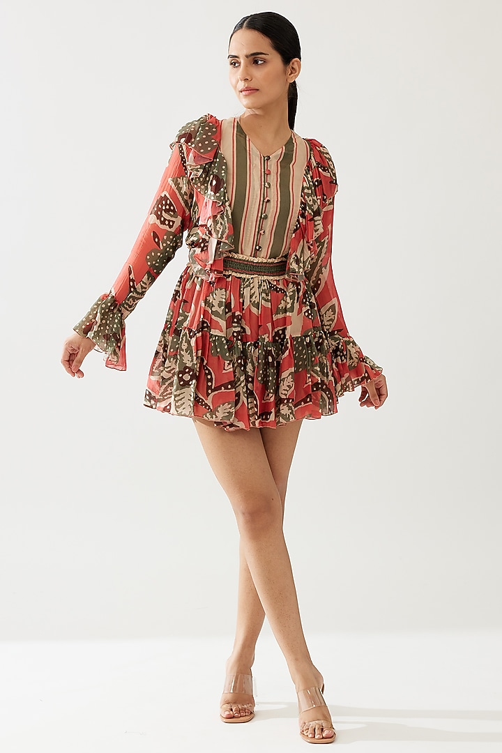 Multi-Colored Cupro Chiffon Floral Frilled Top by Koai at Pernia's Pop Up Shop