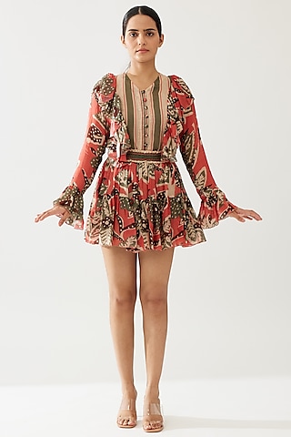 Multi-Colored Cupro Chiffon Floral Mini Skirt by Koai