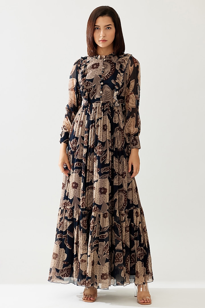 Dark Blue & Beige Chiffon Floral Maxi Dress by Koai at Pernia's Pop Up Shop