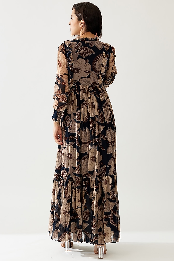 Dark Blue & Beige Chiffon Floral Maxi Vacation Dress by Koai at Pernia's  Pop Up Shop 2026