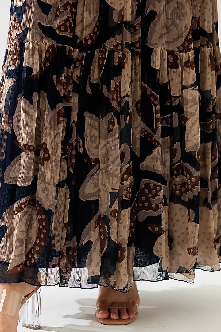 Dark Blue & Beige Chiffon Floral Maxi Vacation Dress by Koai at Pernia's Pop Up Shop