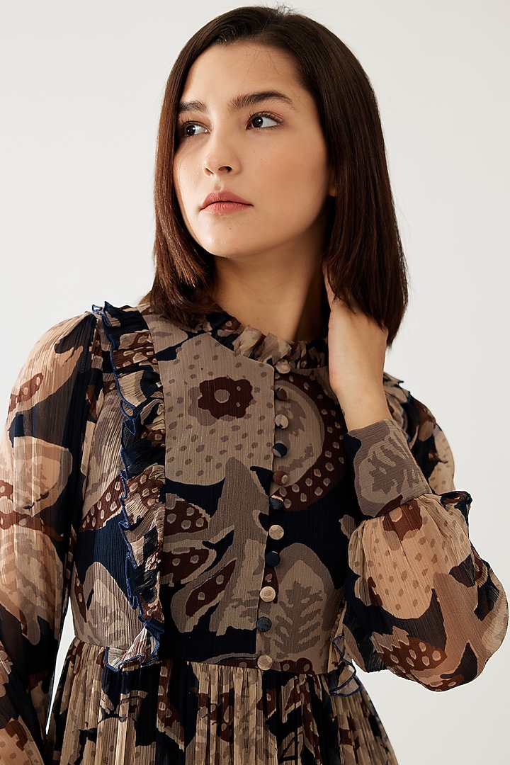 Dark Blue & Beige Chiffon Floral Maxi Vacation Dress by Koai at Pernia's Pop Up Shop