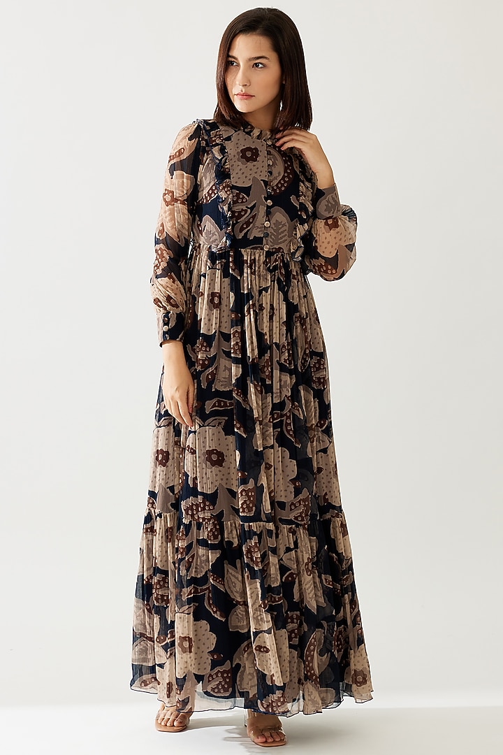Dark Blue & Beige Chiffon Floral Maxi Vacation Dress by Koai at Pernia's Pop Up Shop
