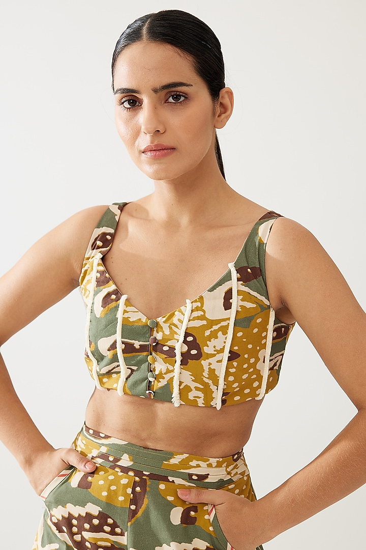 Olive Green & Mustard Poplin Cotton Floral Bustier by Koai at Pernia's Pop Up Shop
