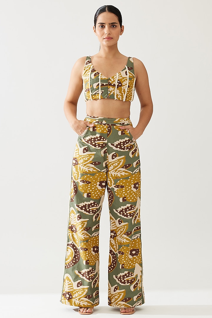 Olive Green & Mustard Poplin Cotton Floral Bustier by Koai at Pernia's Pop Up Shop
