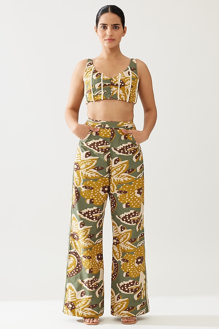 Olive Green & Mustard Poplin Cotton Floral Bustier by Koai at Pernia's Pop Up Shop