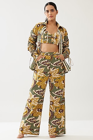 Olive Green & Mustard Poplin Cotton Floral Pants by Koai