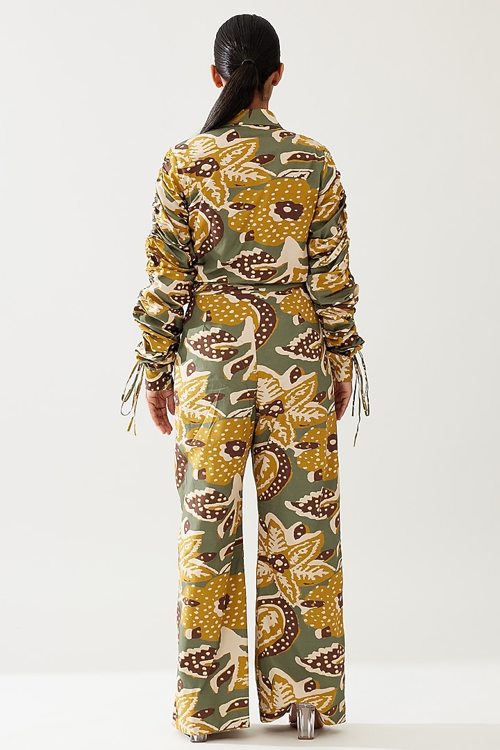 Olive Green & Mustard Poplin Cotton Floral Pants by Koai at Pernia's Pop Up Shop