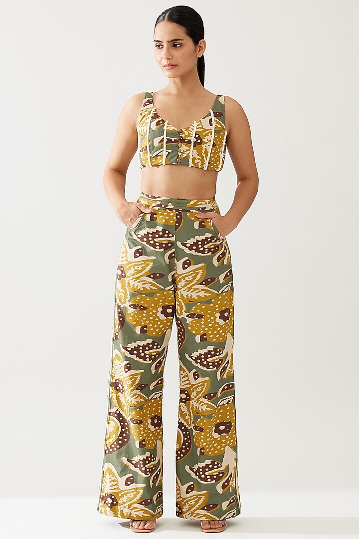 Olive Green & Mustard Poplin Cotton Floral Pants by Koai at Pernia's Pop Up Shop