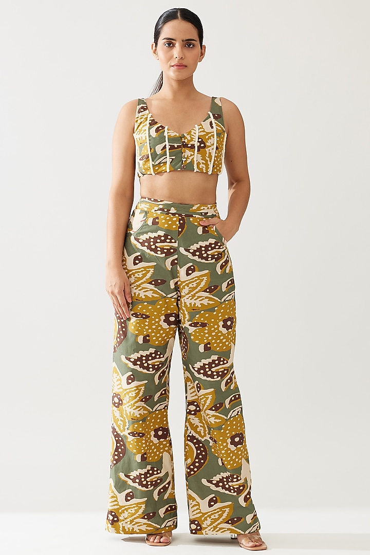 Olive Green & Mustard Poplin Cotton Floral Pants by Koai at Pernia's Pop Up Shop