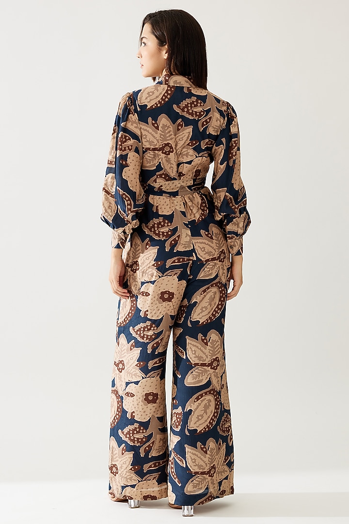Dark Blue & Beige Cotton Silk Floral Jumpsuit With Belt by Koai at Pernia's Pop Up Shop