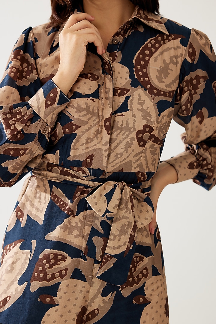 Dark Blue & Beige Cotton Silk Floral Jumpsuit With Belt by Koai at Pernia's Pop Up Shop