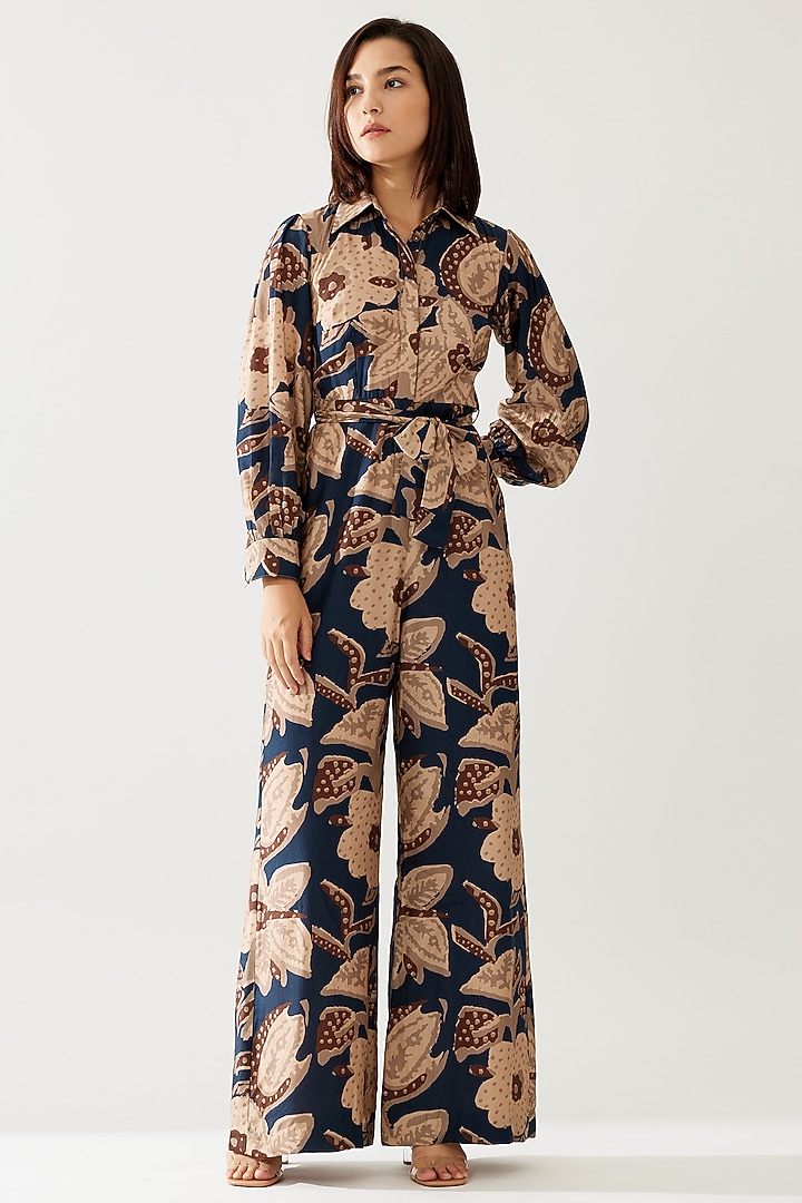 Dark Blue & Beige Cotton Silk Floral Jumpsuit With Belt by Koai at Pernia's Pop Up Shop