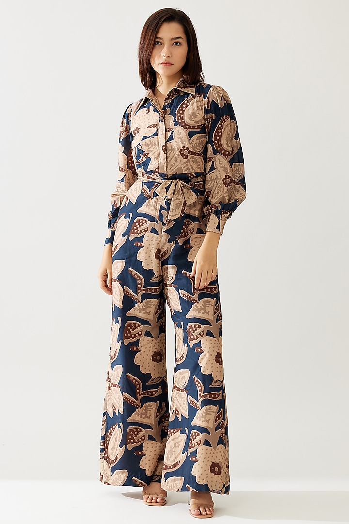 Dark Blue & Beige Cotton Silk Floral Jumpsuit With Belt by Koai at Pernia's Pop Up Shop