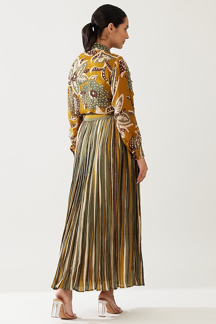 Mustard & Olive Green Cupro Chiffon Floral Frilled Top by Koai at Pernia's Pop Up Shop