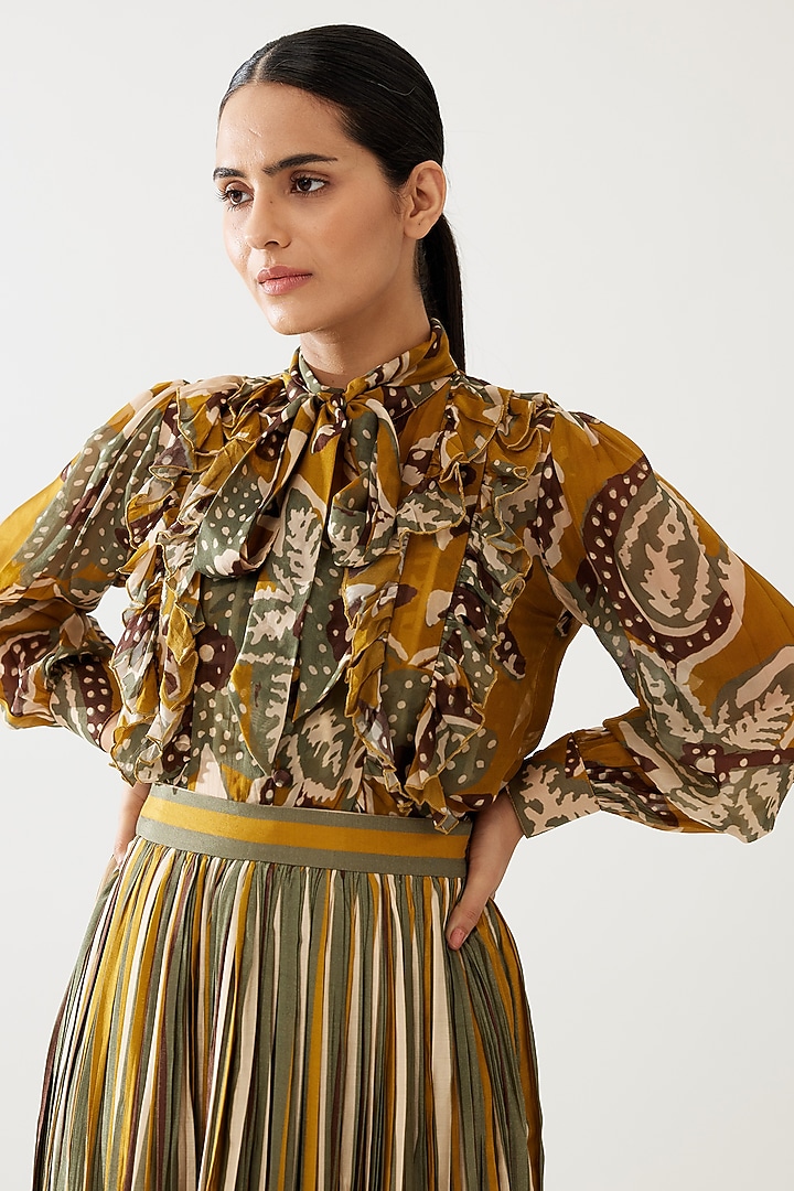 Mustard & Olive Green Cupro Chiffon Floral Frilled Top by Koai at Pernia's Pop Up Shop