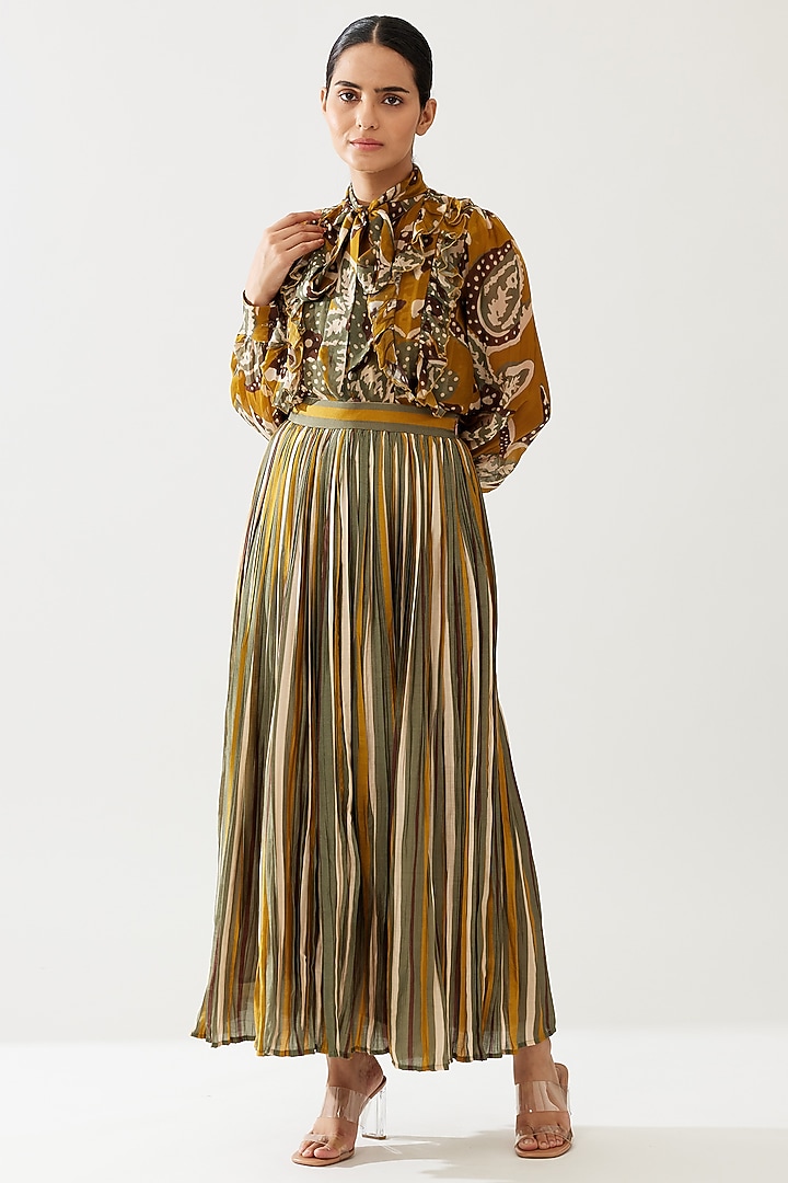 Mustard & Olive Green Cupro Chiffon Floral Frilled Top by Koai at Pernia's Pop Up Shop