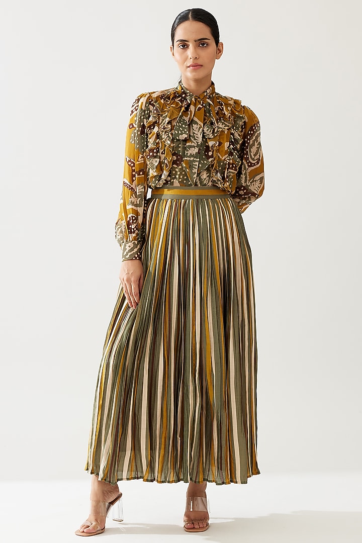 Mustard & Olive Green Cotton Silk Striped Crinkled Skirt by Koai at Pernia's Pop Up Shop