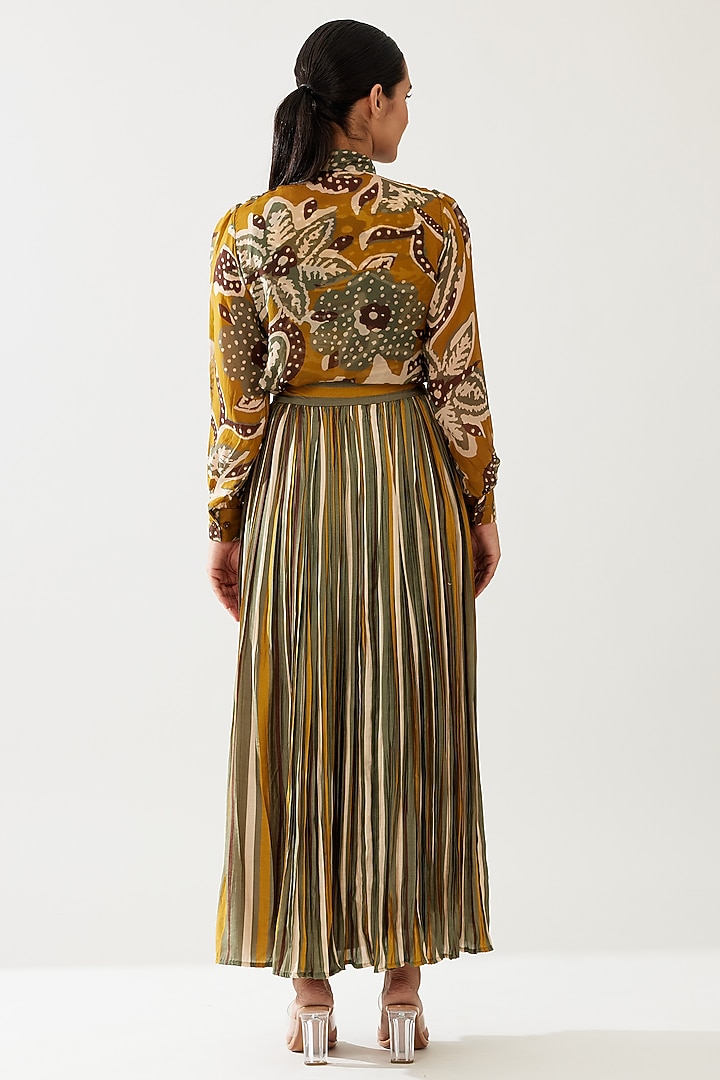 Mustard & Olive Green Cotton Silk Striped Crinkled Skirt by Koai at Pernia's Pop Up Shop