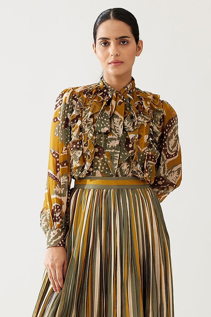 Mustard & Olive Green Cotton Silk Striped Crinkled Skirt by Koai at Pernia's Pop Up Shop