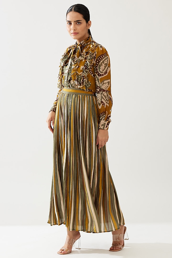 Mustard & Olive Green Cotton Silk Striped Crinkled Skirt by Koai at Pernia's Pop Up Shop