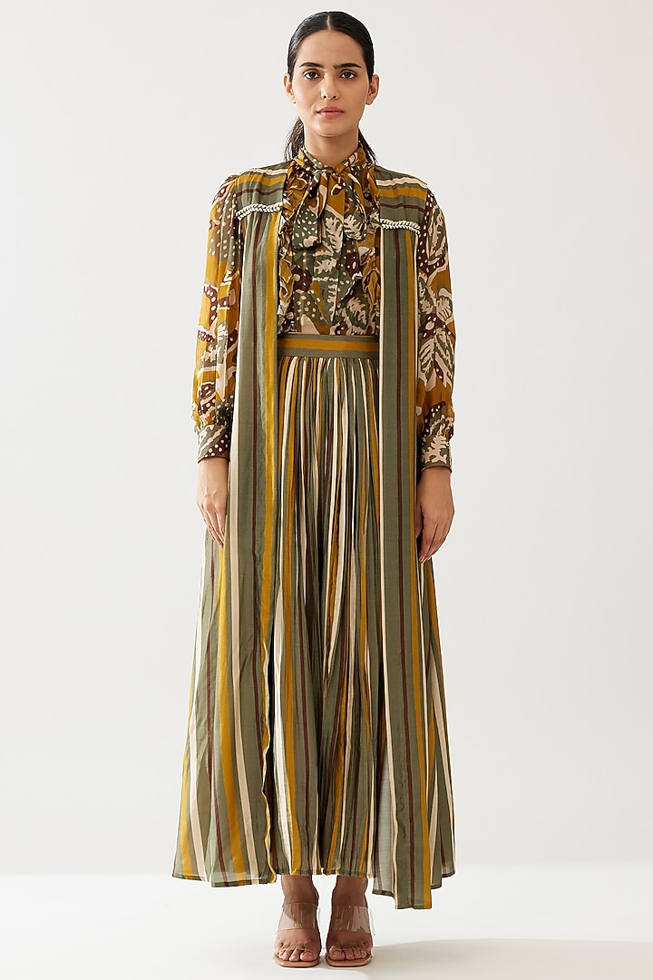 Mustard & Olive Green Cotton Silk Striped Cape by Koai at Pernia's Pop Up Shop