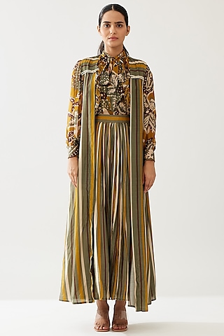 Mustard & Olive Green Cotton Silk Striped Cape by Koai