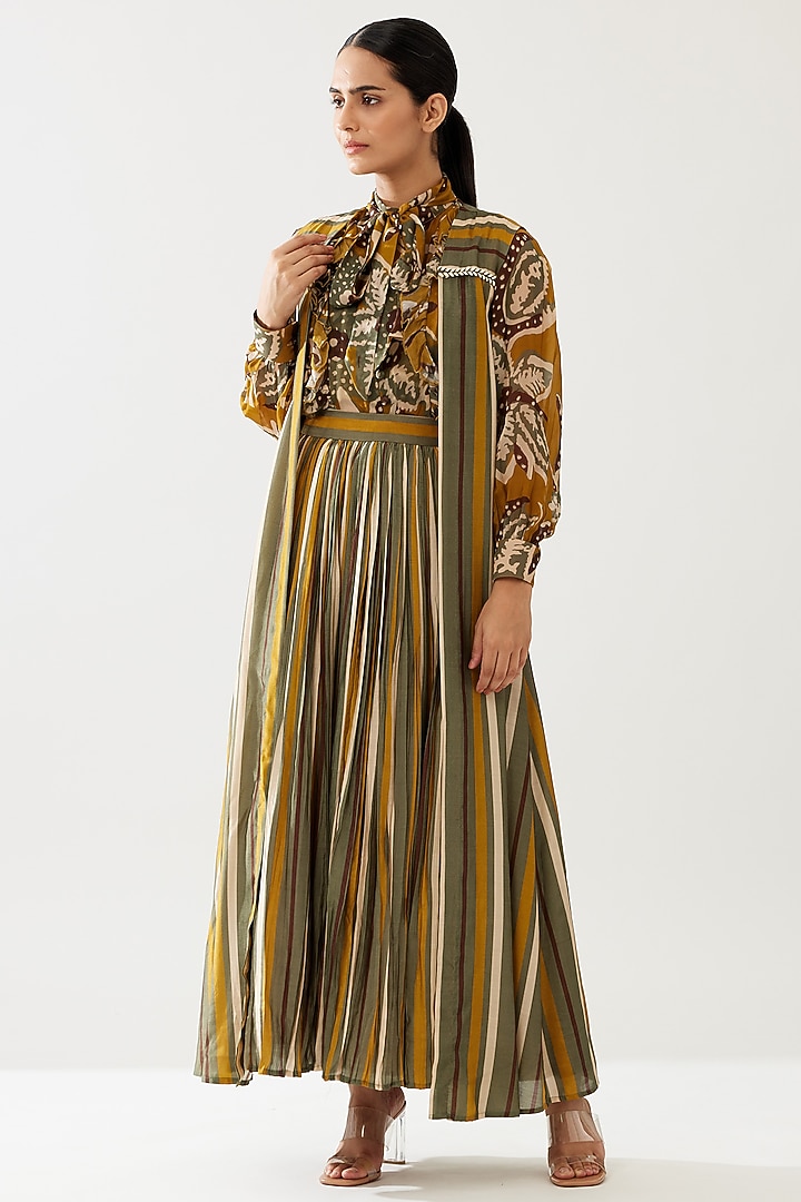Mustard & Olive Green Cotton Silk Striped Cape by Koai at Pernia's Pop Up Shop