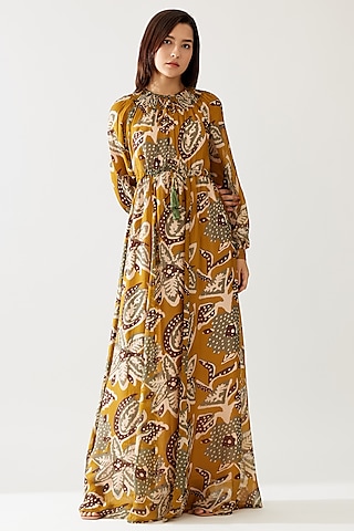Mustard & Olive Cupro Chiffon Floral Printed Kaftan Dress by Koai