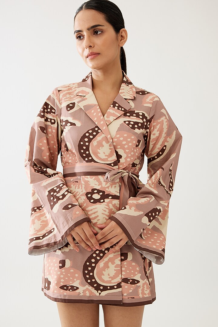Peach & Cream Poplin Cotton Floral Jacket With Belt by Koai at Pernia's Pop Up Shop