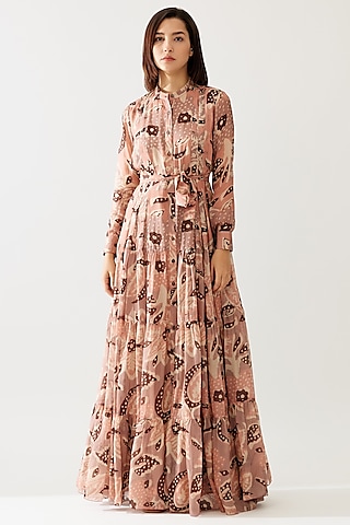 Peach & Cream Cupro Chiffon Floral Printed Dress With Belt by Koai