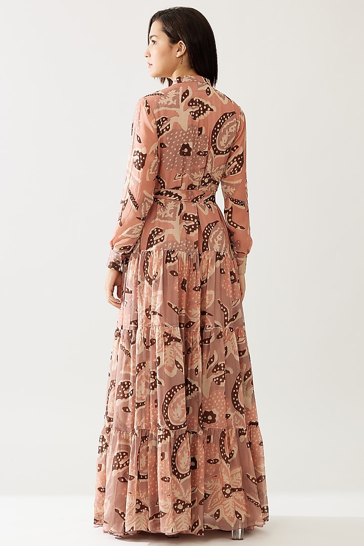 Peach & Cream Cupro Chiffon Floral Printed Vacation Dress With Belt by Koai at Pernia's Pop Up Shop