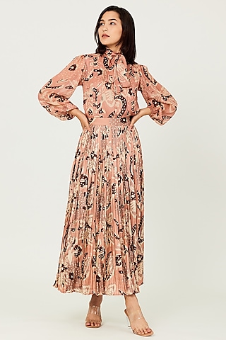 Peach & Cream Cotton Silk Floral Crinkled Skirt by Koai