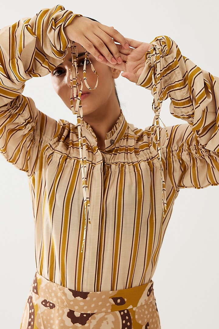Pink & Mustard Cotton Silk Striped Shirt by Koai at Pernia's Pop Up Shop