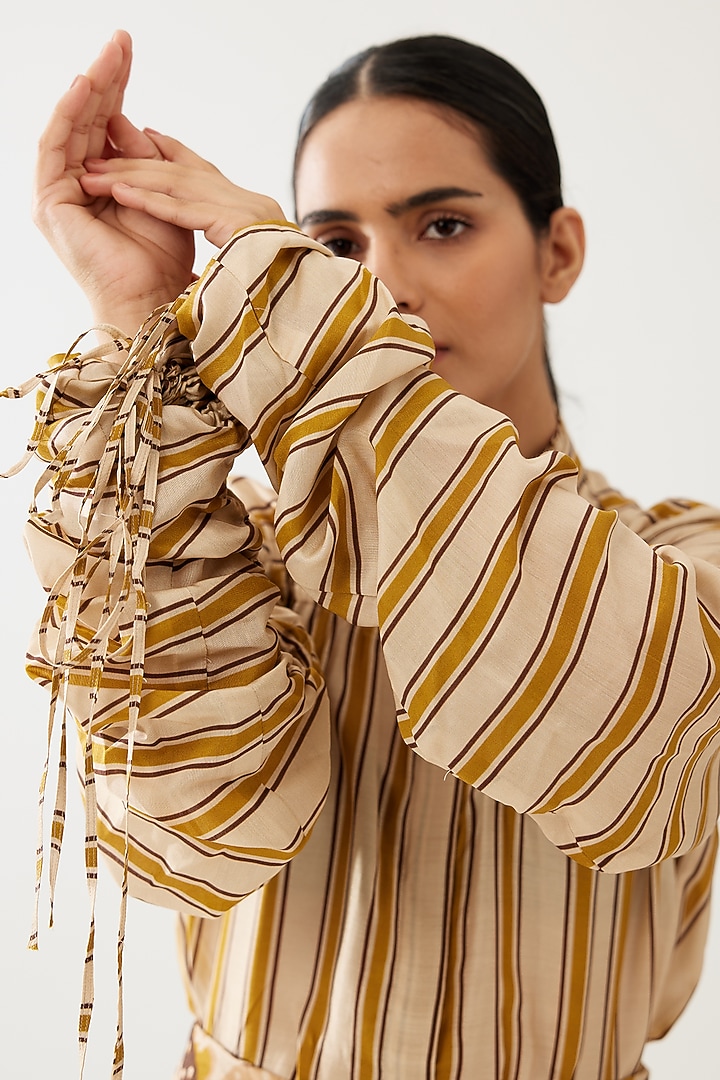 Pink & Mustard Cotton Silk Striped Shirt by Koai at Pernia's Pop Up Shop