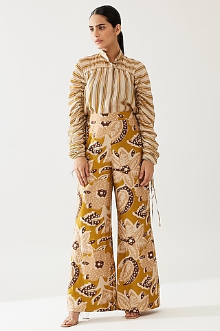Mustard & Pink Cotton Silk Floral Printed Pants by Koai