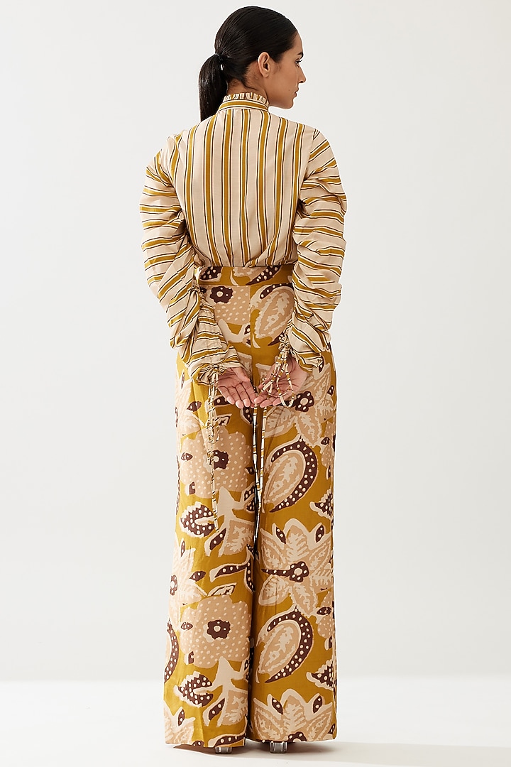 Mustard & Pink Cotton Silk Floral Printed Pants by Koai at Pernia's Pop Up Shop
