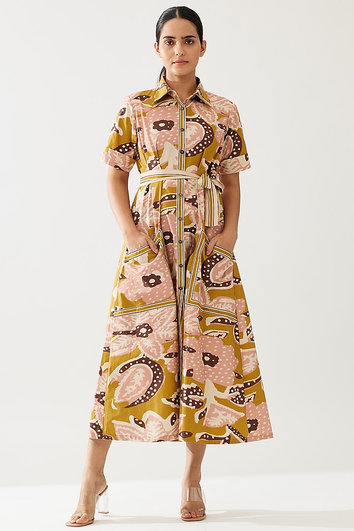 Mustard & Pink Poplin Cotton Floral Printed Shirt Dress With Belt by Koai