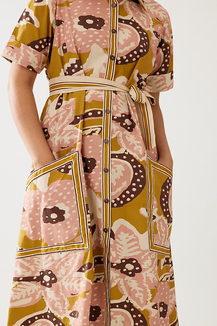 Mustard & Pink Poplin Cotton Floral Printed Summer Shirt Dress With Belt by Koai at Pernia's Pop Up Shop